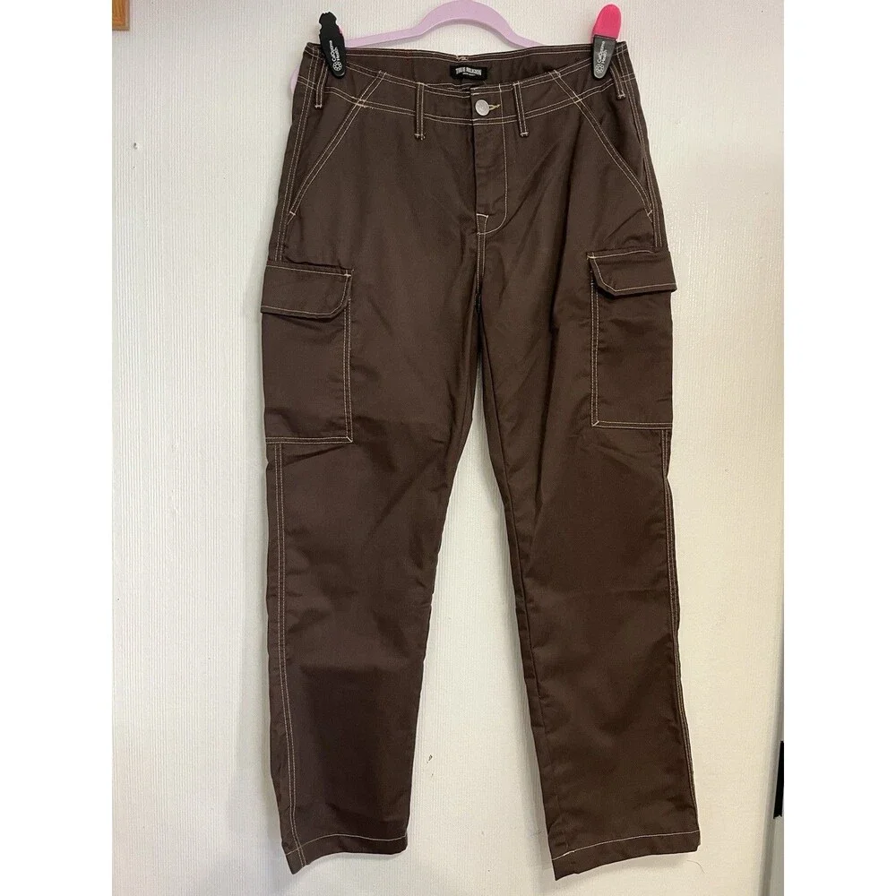 True Religion mens   Brown Canvas Cargo Pants Straight Leg Button Zip Pockets